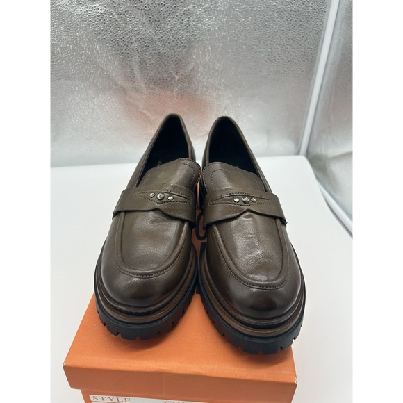 New Miz Mooz Damian Leather Lug Sole Studded Loafers Olive‎ Size EU 38 US 7.5-8 - Picture 3 of 8